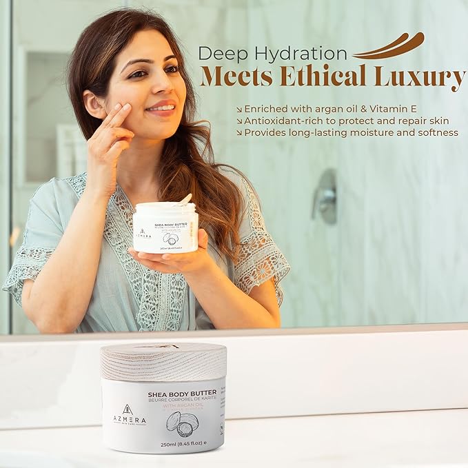 AZMERA Handcrafted Whipped Shea Body Butter – Unscented Moisturizer for Dry, Sensitive Skin with Argan Oil & Vitamin E – Vegan, Non-Greasy Whipped Body Butter for Women & Men – 8.82 oz-GlimoraGlow