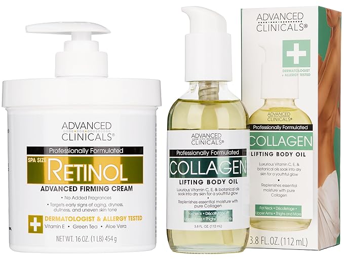 Advanced Clinicals Retinol Body Lotion + Collagen Body Oil 2pc Skincare Set For Women & Men | Fragrance Free Retinol Lotion + Collagen Massage Body Oil To Improve Appearance Of Crepey Skin, 2pc Set-GlimoraGlow