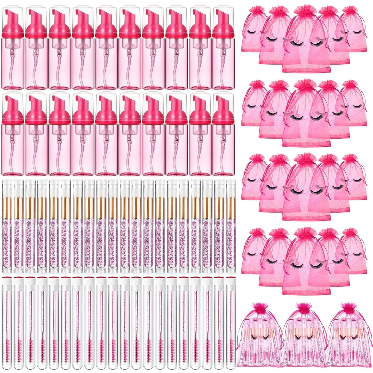 Zhehao 80 Pcs Lash Shampoo Bottle Brushes Kit 20 Foam Pump Dispensers 20 Lash Shampoo Brushes 20 Eyelash Aftercare Bag 20 Cleaning Pipes, Eyelash Extension Supplies(Rose Red)-GlimoraGlow