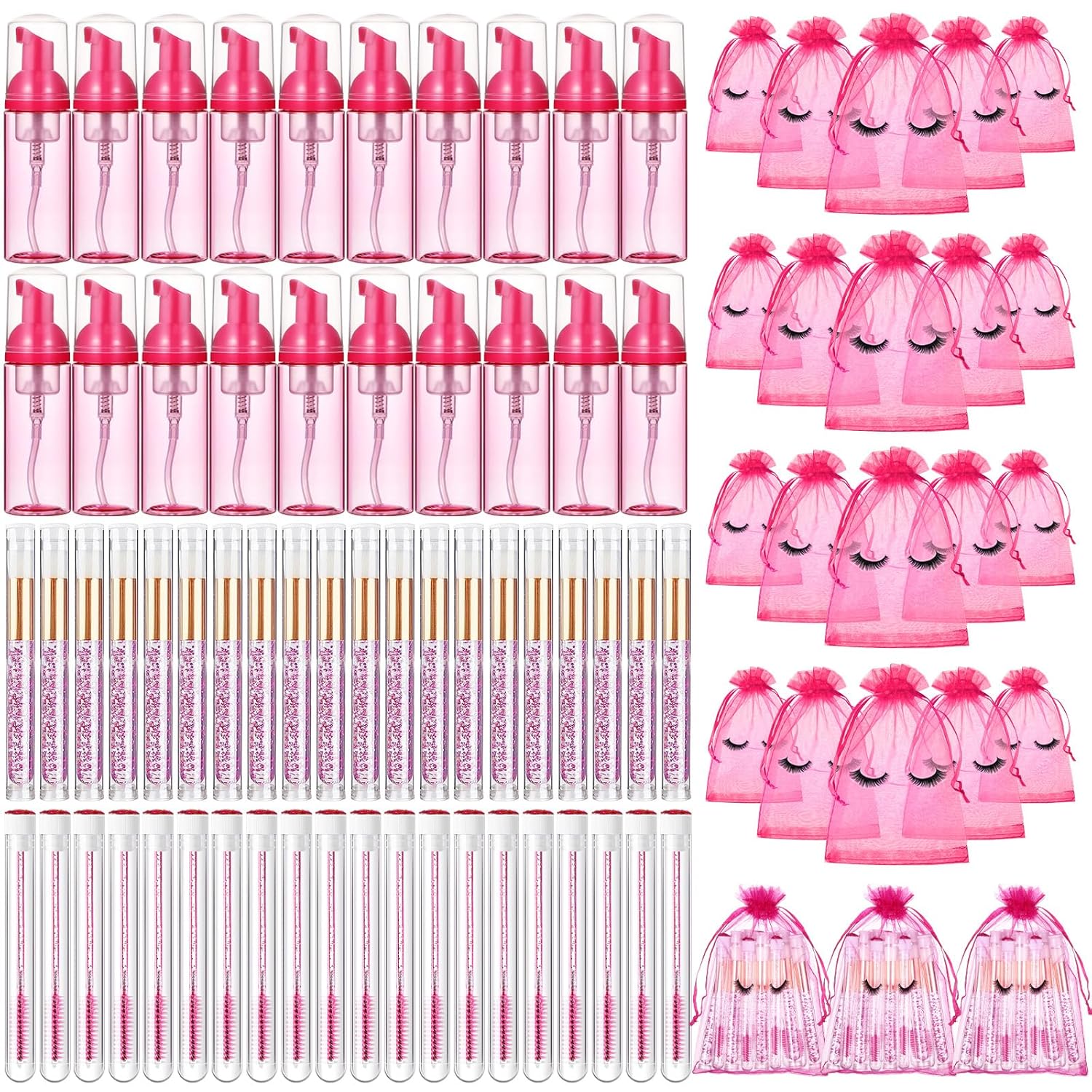 Zhehao 80 Pcs Lash Shampoo Bottle Brushes Kit 20 Foam Pump Dispensers 20 Lash Shampoo Brushes 20 Eyelash Aftercare Bag 20 Cleaning Pipes, Eyelash Extension Supplies(Rose Red)-GlimoraGlow