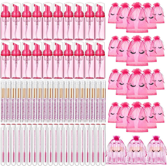 Zhehao 80 Pcs Lash Shampoo Bottle Brushes Kit 20 Foam Pump Dispensers 20 Lash Shampoo Brushes 20 Eyelash Aftercare Bag 20 Cleaning Pipes, Eyelash Extension Supplies(Rose Red)-GlimoraGlow