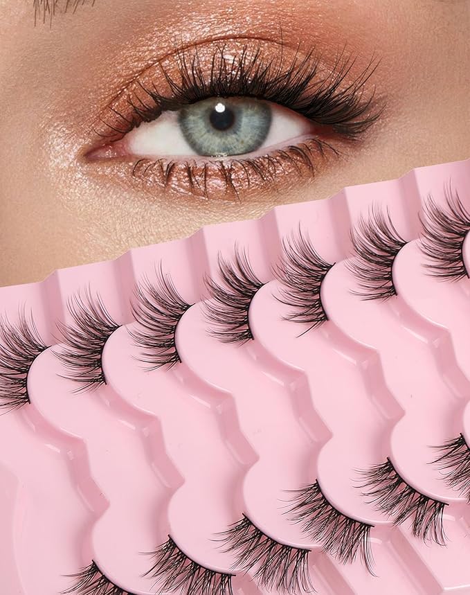 Half Lashes Natural Eyelashes 3/4 Wispy Lashes Natural Look Cat Eyelash False Corner Lash Long Strip Fluffy Pack 7 Pairs 16MM D18-GlimoraGlow