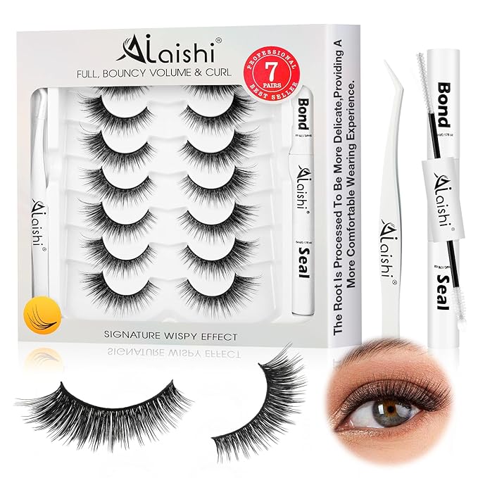 Wispy False Eyelashes Kit With Bond, Seal and Tweezer, 7 Pairs Natural Look Fake Cat Eye Lashes Strips Thin Band Extensions Waterproof Easy Eyelashes for Beginners RQ10-GlimoraGlow