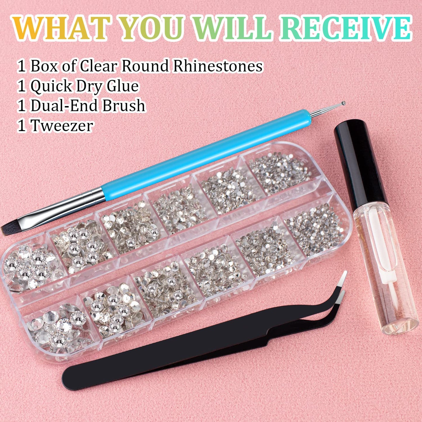 1.5-6mm Round Flatback Face Gems Kit (Clear) for Makeup with Quick Dry Glue + Brush + Tweezer, Nail Art Rhinestones Transparent White Glass Crystal Beads for Make-up Deco-GlimoraGlow
