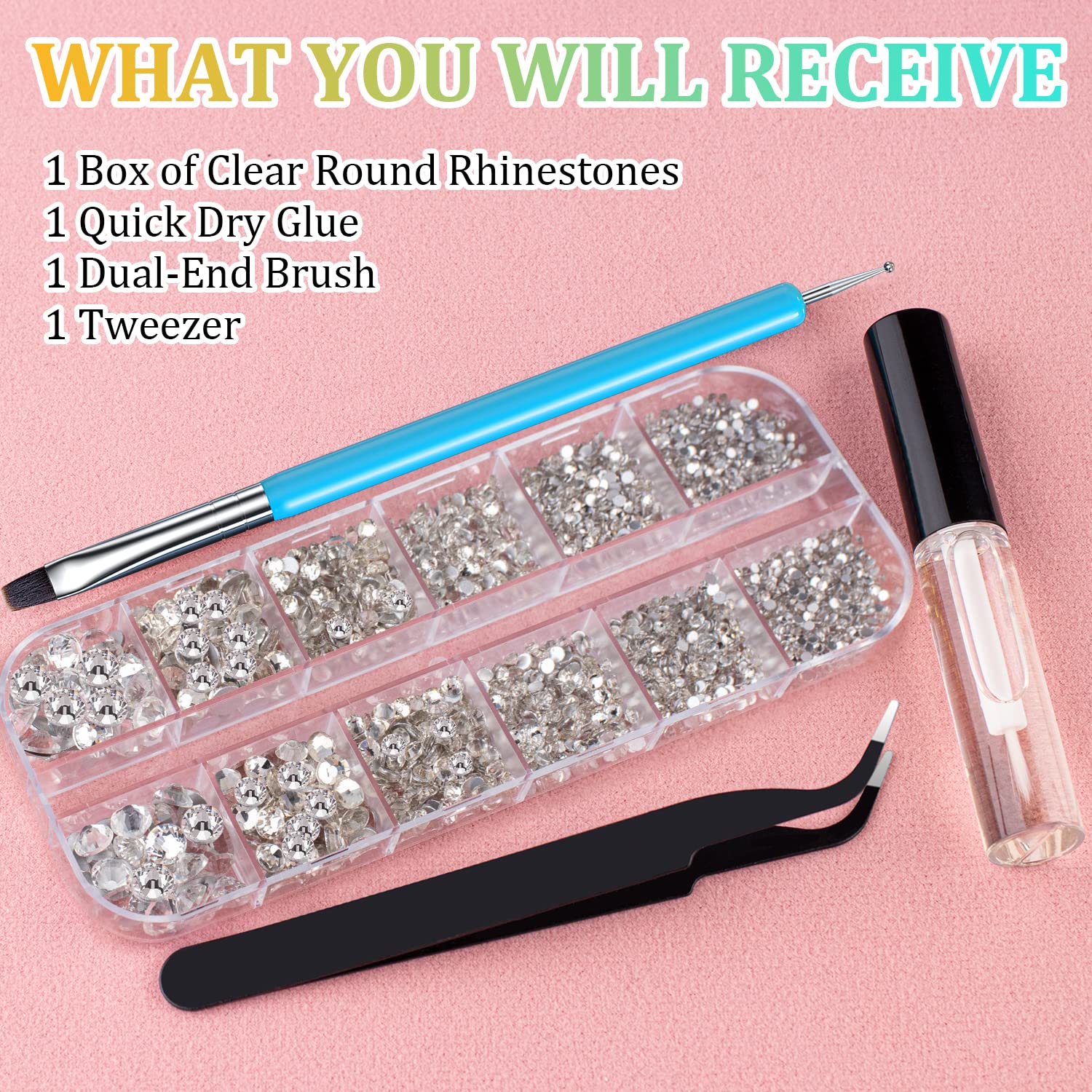 1.5-6mm Round Flatback Face Gems Kit (Clear) for Makeup with Quick Dry Glue + Brush + Tweezer, Nail Art Rhinestones Transparent White Glass Crystal Beads for Make-up Deco-GlimoraGlow
