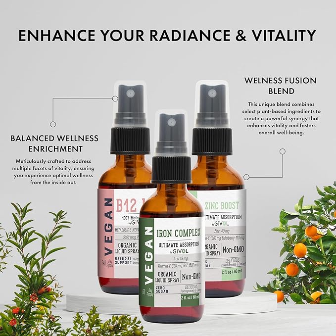 Iron Support Spray Bundle Liquid Vitamin B12 Methylcobalamin, Zinc Picolinate, and Bisglycinate | Non-GMO, Gluten-Free, Sugar-Free Iron Supplement | 2 Fl Oz Each | 360 Days Supply-GlimoraGlow