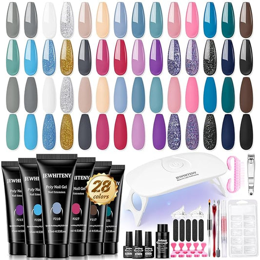 JEWHITENY Poly Gel Nail Kit 28 Colors Nude Gray Glitter with Nail Lamp Base Top Coats Builder Gel All-In-One Set Ideal for Designs DIY At Home Need U V Lamp Curing-GlimoraGlow