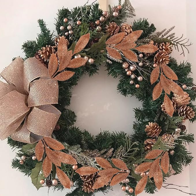 GREENTIME 12 Pack Artificial Brown Glitter Leaves 13" Fake Christmas Picks Decorative Glitter Sticks for Vase Christmas Tree DIY Wreath Crafts Fireplace Decor