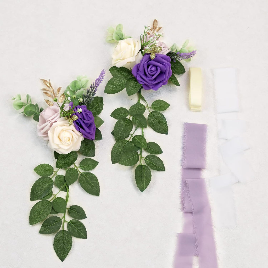 Wedding Aisle Decorations for Wedding Ceremony Set of 10 Pew Flowers for Church Chair Decorations Party Decor with Artificial Flowers Eucalyptus and Ribbons Purple