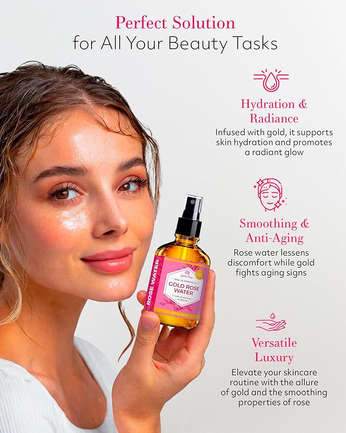 24 Karat Gold Rose Water Toner by Leven Rose Natural Moroccan 24K Rosewater Toner 4 oz-GlimoraGlow