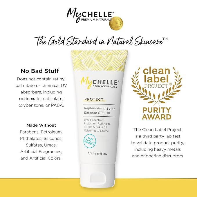 MyCHELLE Dermaceuticals Solar Defense SPF 30 (2.3 Fl Oz) - Moisturizing Reef Safe Sunscreen with Red Algae Extract and Kukui Oil - Travel Size Zinc Sunscreen for Face and Body-GlimoraGlow