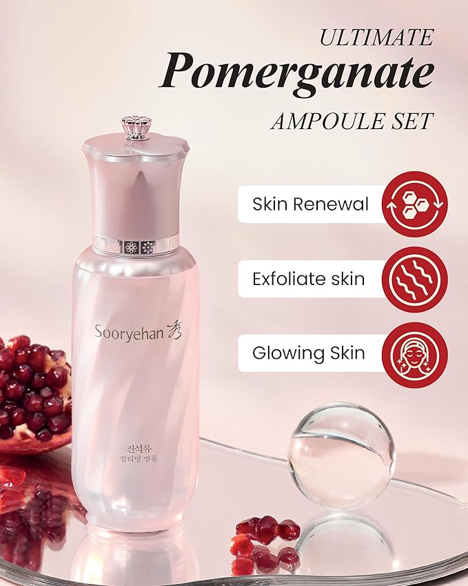 Sooryehan Ultimate Pomegranate (Ampoule Set, 1.9fl oz) - Skin Elasticity, Reduced Wrinkles & Skin Tone Improvement, Elastin, Vitamin C, Adenosine & Niacinamide-GlimoraGlow