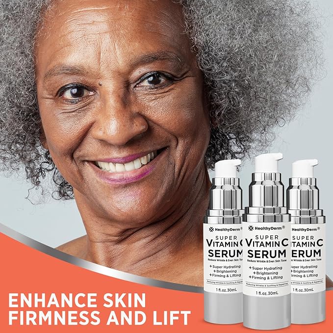 Super Vitamin C Serum for Women Over 70: Niacinamide, Vitamin C, Hyaluronic Acid, Peptides, Vitamin E, Caffeine, Bakuchiol, Hydrating, Lifting, Wrinkle & Age Spots Reduction Pack of 3-GlimoraGlow