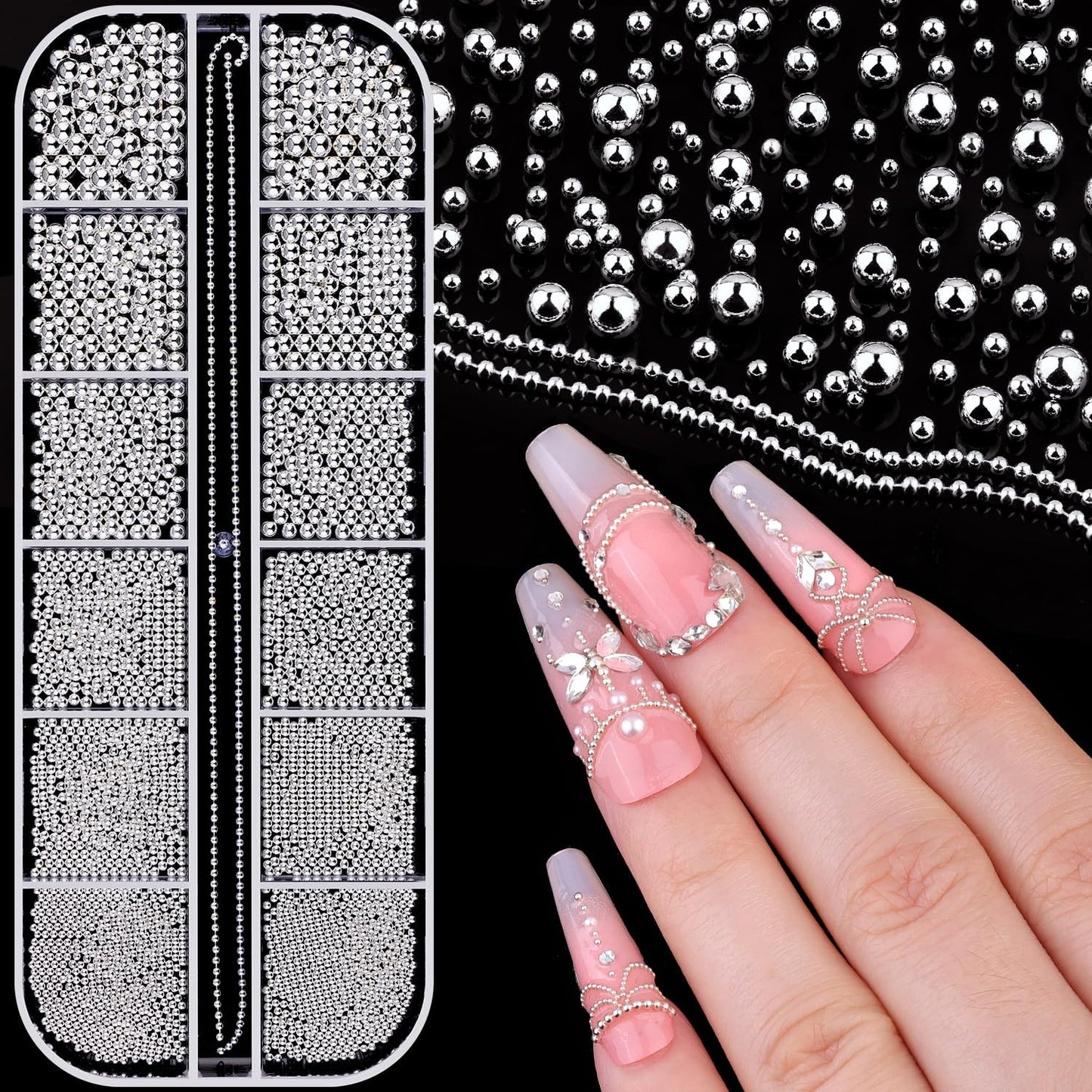 1-3MM Mini Small Nail Beads Metal Caviar Bead Silver Nail Charms and Gems Ball, Nail Chain for Nail Art Accessories Supplies Silver Rhinestones for Women Manicure-GlimoraGlow