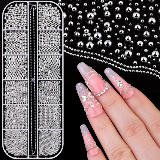 1-3MM Mini Small Nail Beads Metal Caviar Bead Silver Nail Charms and Gems Ball, Nail Chain for Nail Art Accessories Supplies Silver Rhinestones for Women Manicure-GlimoraGlow