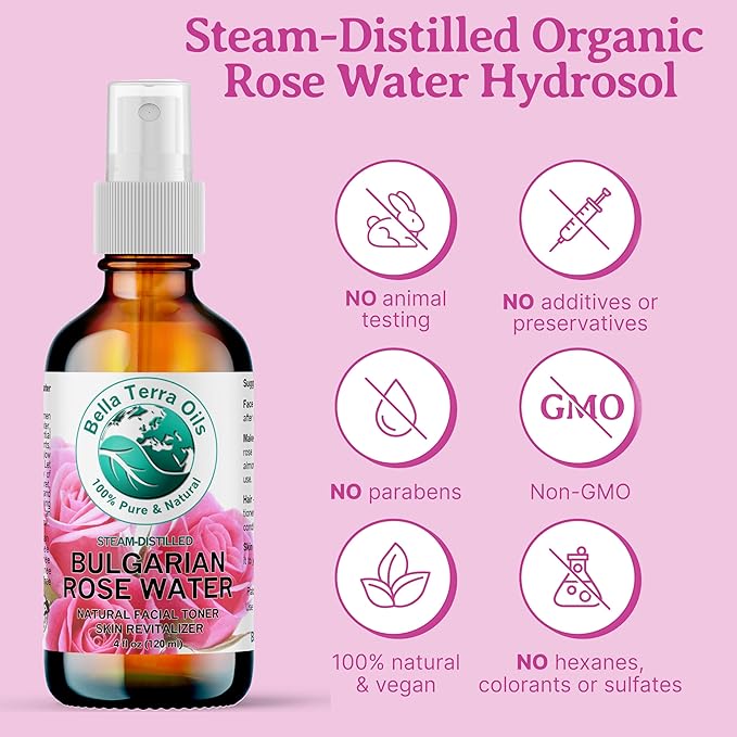 Bella Terra Oils - Organic Rose Water Mist 4 oz - Capture The Bulgarian Rose Essence, Perfect as a Gentle Rosewater Face Mist, Free from Synthetics-GlimoraGlow
