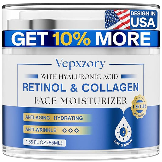 Face Moisturizer Retinol Cream For Face, Collagen Anti Aging Face Cream, Day-Night Neck Cream With Hyaluronic Acid, Wrinkle Cream For Women & Men Reduces Wrinkles, Dryness, 1.85 Fl. Oz-GlimoraGlow