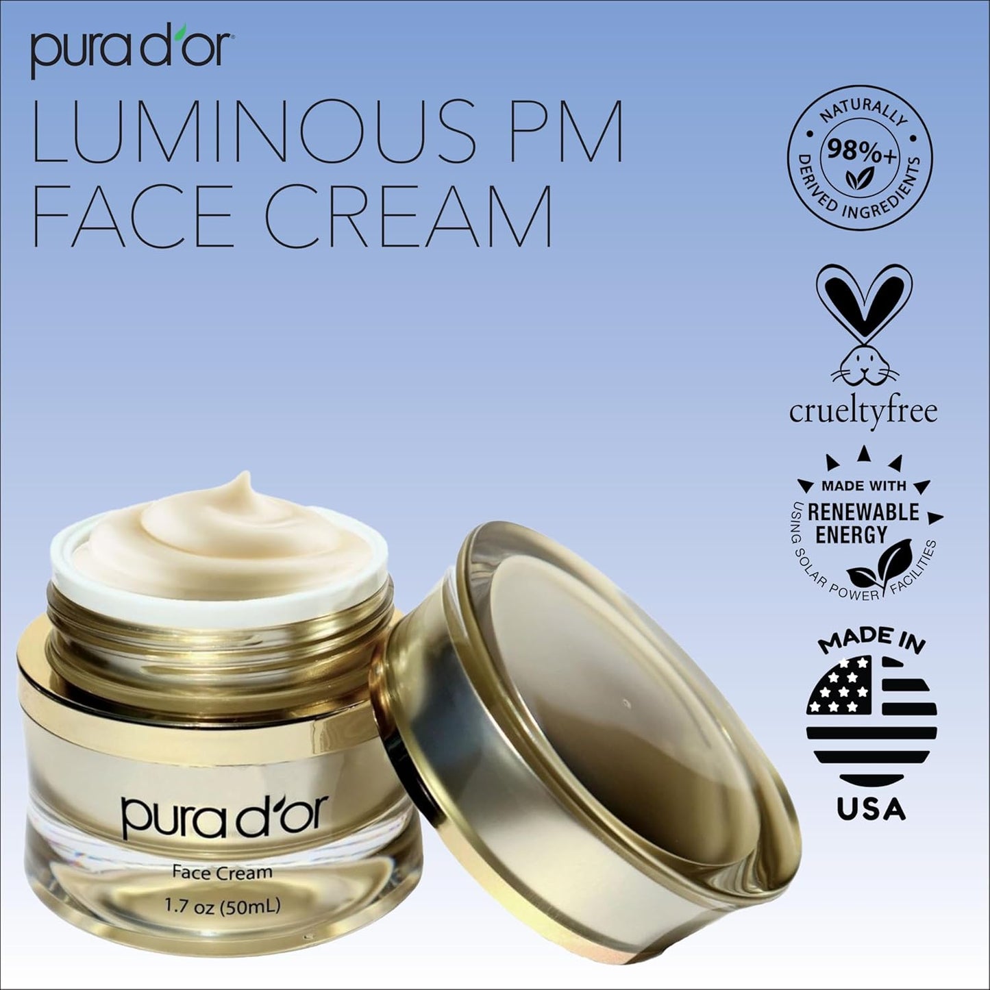 PURA D'OR 1.7 Oz Luminous PM Face Cream - Methylene Blue, Marine Collagen, Retinol, Peptides, Apple Stem Cell Extract - Anti-Aging Nighttime Moisturizer - Overnight Facial Treatment For Women & Men-GlimoraGlow