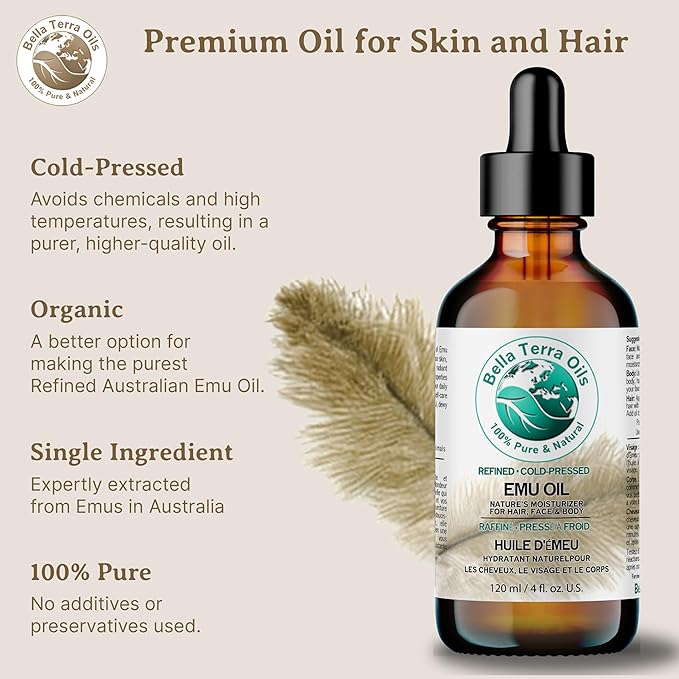 Bella Terra Oils - Emu Oil 8 oz - Australian Legacy, Famed for Omega-3, Omega-6 & Omega-9, The Natural Secret to Radiant Skin-GlimoraGlow