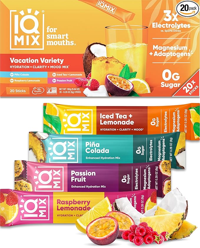 IQMIX Hydration Electrolyte Powder – 4-in-1 Formula for Hydration, Mental Clarity, Mood and Recovery – Sugar-Free Drink Mix, Keto, Magnesium L-Threonate, Lion’s Mane – 20 Count Vacation Variety Pack-GlimoraGlow