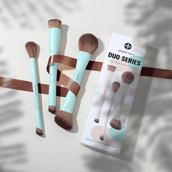 EIGSHOW Makeup Brush Set, 3Pcs Dual Ended Face Makeup Brushes for Foundation Powder Contour Highlight Concealer Nose Shadow, Travel Gift Set (Cyan)-GlimoraGlow
