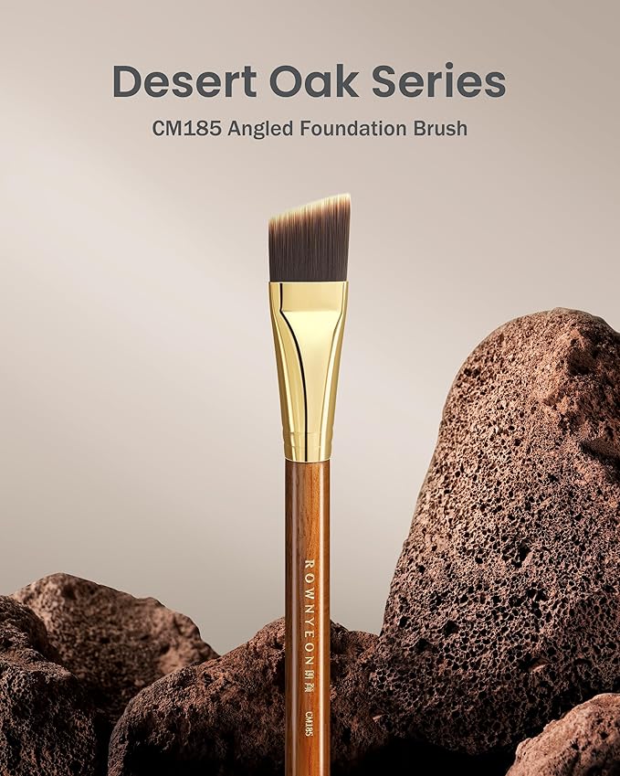 Desert Oak Series Angled Foundation Brush - 20mm Thin Contour Head for Cream/Stick Foundation, Precision Buffing & Detailing, Bubinga Handle & Brass Ferrule (CM 185)-GlimoraGlow