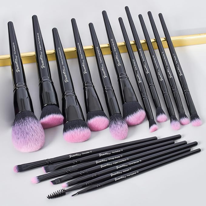 Bueart Design 18Pcs Pro Deluxe Fuchsia Pink Black Makeup Brushes set with Travel Make up Brush Holder case Foundation concealer contour Blush eyeshadow face make up brush set-GlimoraGlow