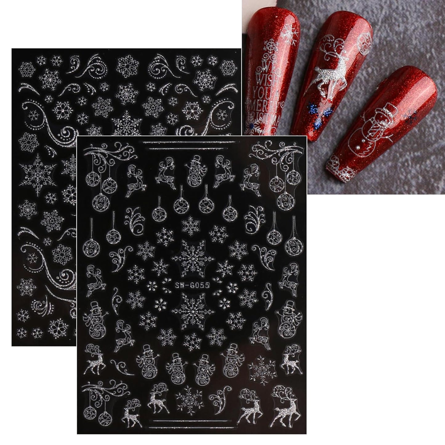 JMEOWIO 9 Sheets Christmas Glitter Nail Art Stickers Decals Self-Adhesive Snowflake Winter Holiday Silver Nail Supplies Nail Art Design Decoration Accessories-GlimoraGlow