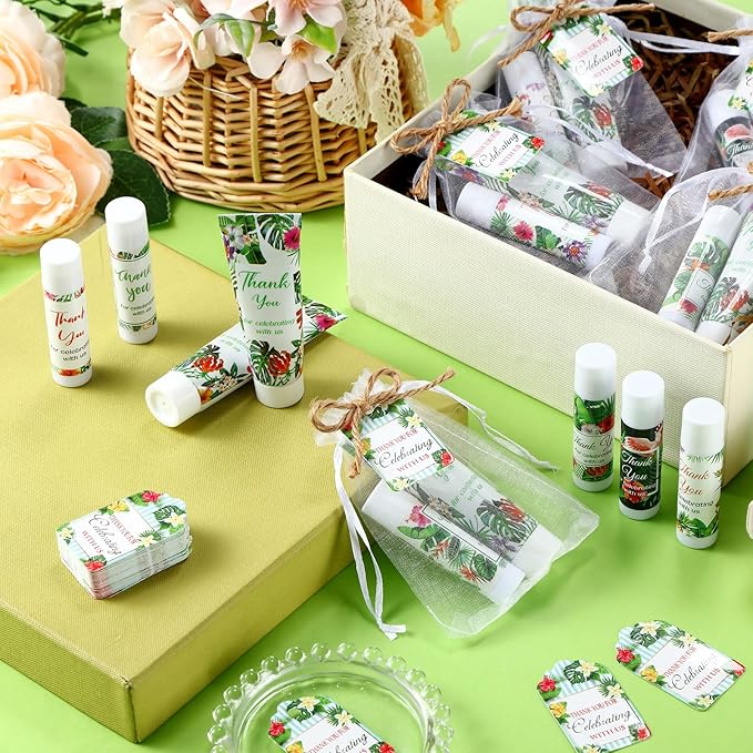 200 Pcs Baby Shower Wedding Party Favors Gift Set, 50 Pcs Baby Shower Hand Cream and 50 Lip Balm for Wedding Bridesmaid Guests Gift Supplies with 50 Organza Bag 50 Thank You Tag(Tropical)-GlimoraGlow