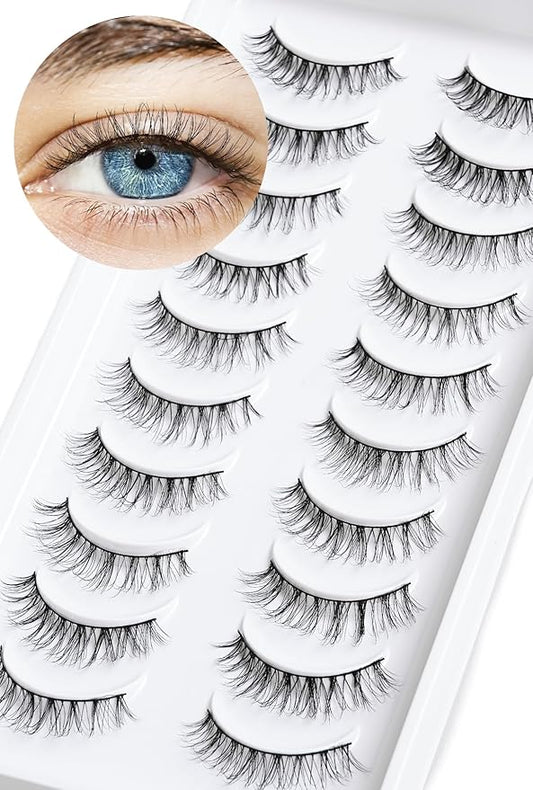 Natural Lashes Wispy False Eyelashes 10mm Short Lashes 3D Volume Strip Lashes Fake Eyelashes Siligli Lashes Thin Band Curly Eye Lashes Pack 10 pair-GlimoraGlow