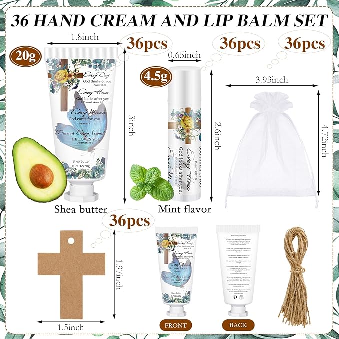 144 Pcs Christian Lip Balm Hand Cream Set Party Favors, Include 36 Bible Lip Balm 36 Moisturizing Hand Cream 36 Bags 36 Cards and Ropes for Accessories Gifts (Biblical, Cross)-GlimoraGlow