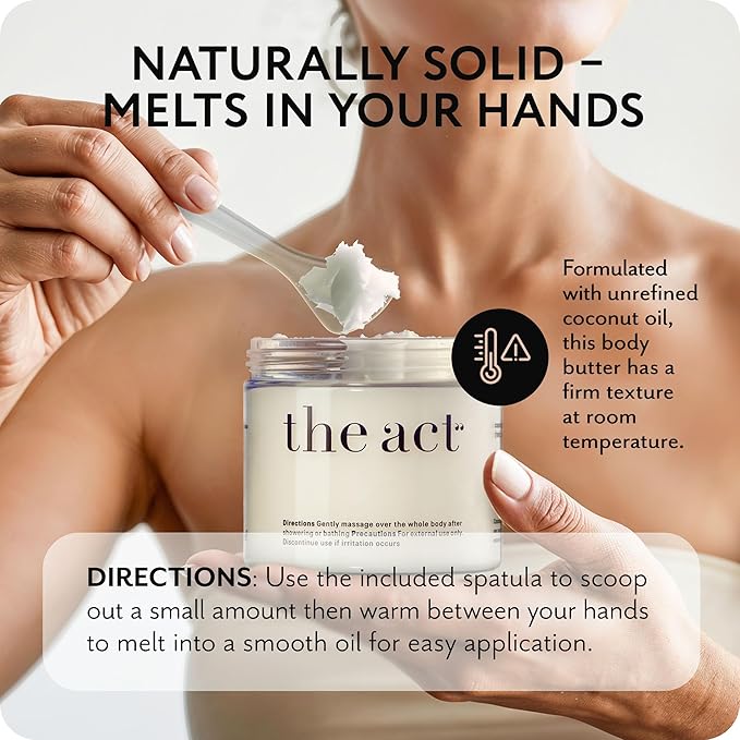 THE ACT Solid Coconut Body Butter – Organic Vegan Moisturizer with Shea & Almond Oils – Melts in Hands – Massage Balm for Dry Skin – Natural Skincare for Women & Men – 6 oz with Spatula-GlimoraGlow