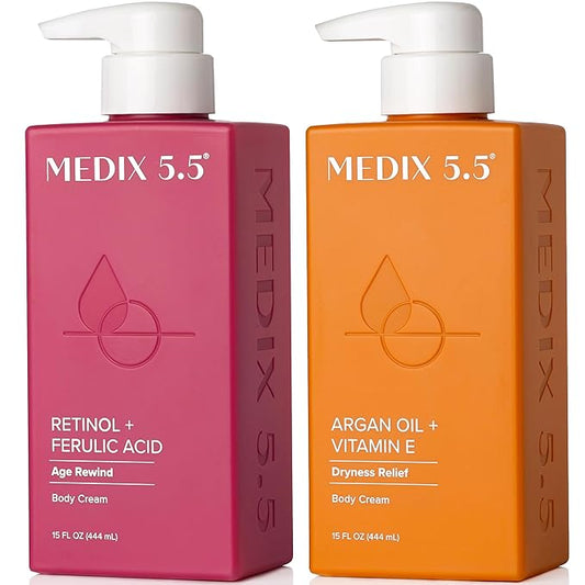 Medix 5.5 Retinol Body Lotion + Argan Oil Cream 2PC Skin Care Set Body & Face Moisturizer | Firming Body Lotion Bundle Reduces Look Of Wrinkles, Cellulite, Crepey Skin, & Uneven Skin Tone, 2PC-GlimoraGlow