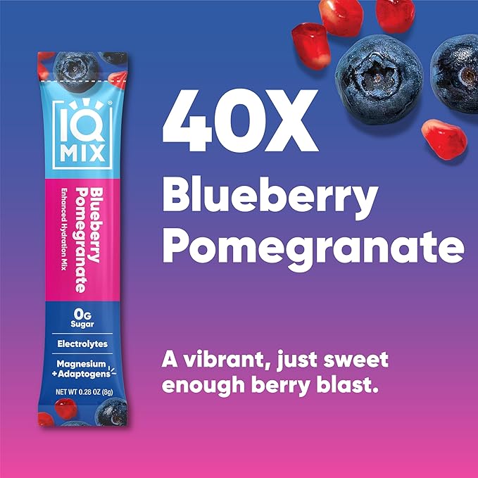 IQMIX Hydration Electrolyte Powder – 4-in-1 Formula for Hydration, Mental Clarity, Mood and Recovery – Sugar-Free Drink Mix, Keto, Magnesium L-Threonate, Lion’s Mane – 40 Count Blueberry Pomegranate-GlimoraGlow
