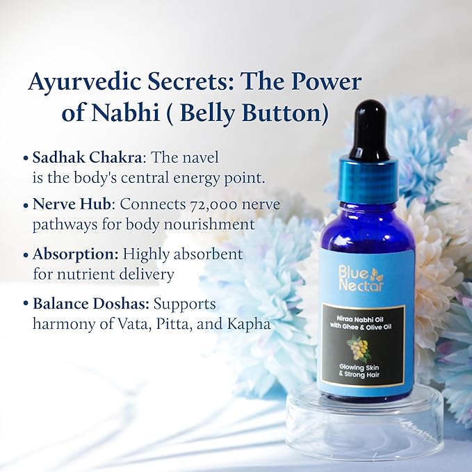 Blue Nectar Ayurveda Navel Oil with Ghee & Olive for Belly Oiling | Natural Belly Button (Nabhi) Oil for Radiant Skin & Deep Hydration (22 Herbs, 1 Fl Oz)-GlimoraGlow