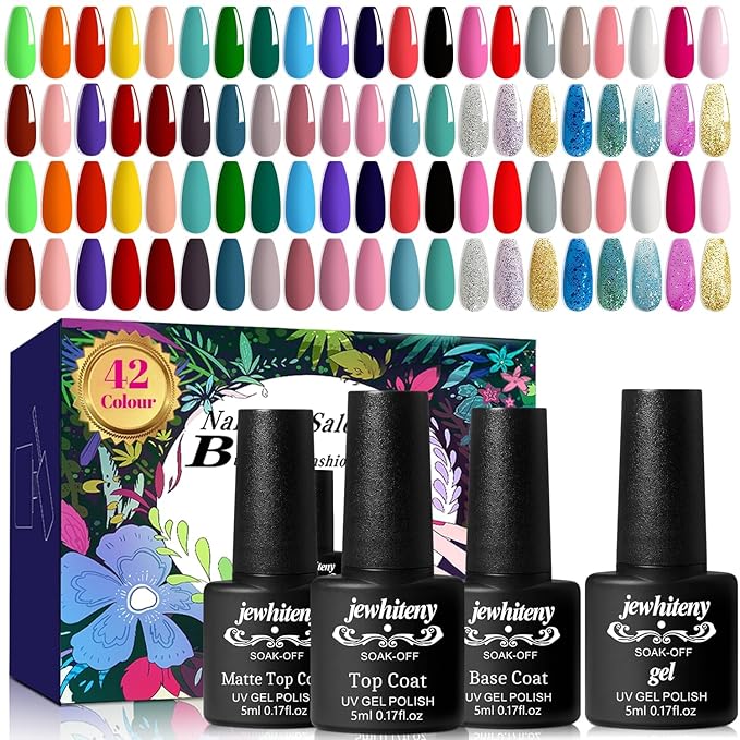 JEWHITENY 45 PCS Gel Nail Kit with 42 Colors Nail Polish Set Green Blue Red Pink Collection Gifts for Women-GlimoraGlow