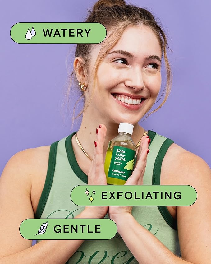 Krave Beauty Kale-Lalu-yAHA - Gentle 5.25% AHA Exfoliator with Glycolic Acid, Hyaluronic Acid, and Vitamin-Rich Kale for Texture, Discoloration, and Dead Skin Cells, Vegan and Cruelty-Free, 6.76 fl oz-GlimoraGlow