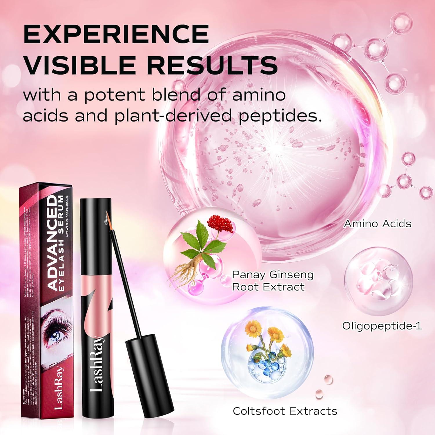 Advanced Lash Serum for Eyelash Growth: LashRay Eye Lash Enhancing Serum to Grow Longer Thicker Eyelashes and Eyebrows for Women, 0.1 oz-GlimoraGlow