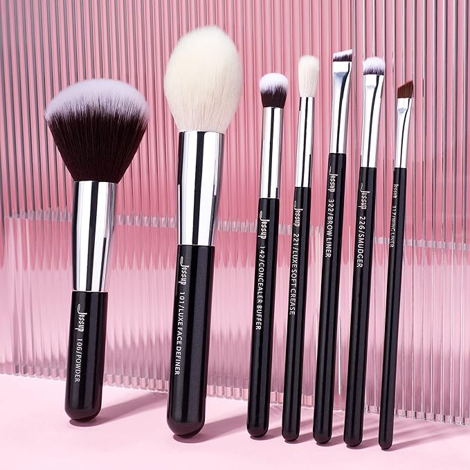 Jessup 25pcs Professional Makeup Brush Set Foundation Powder Concealer Eyeshadow Blending Blush Highlighter Natural-Synthetic Hair Brushes (Black/Silver)-GlimoraGlow