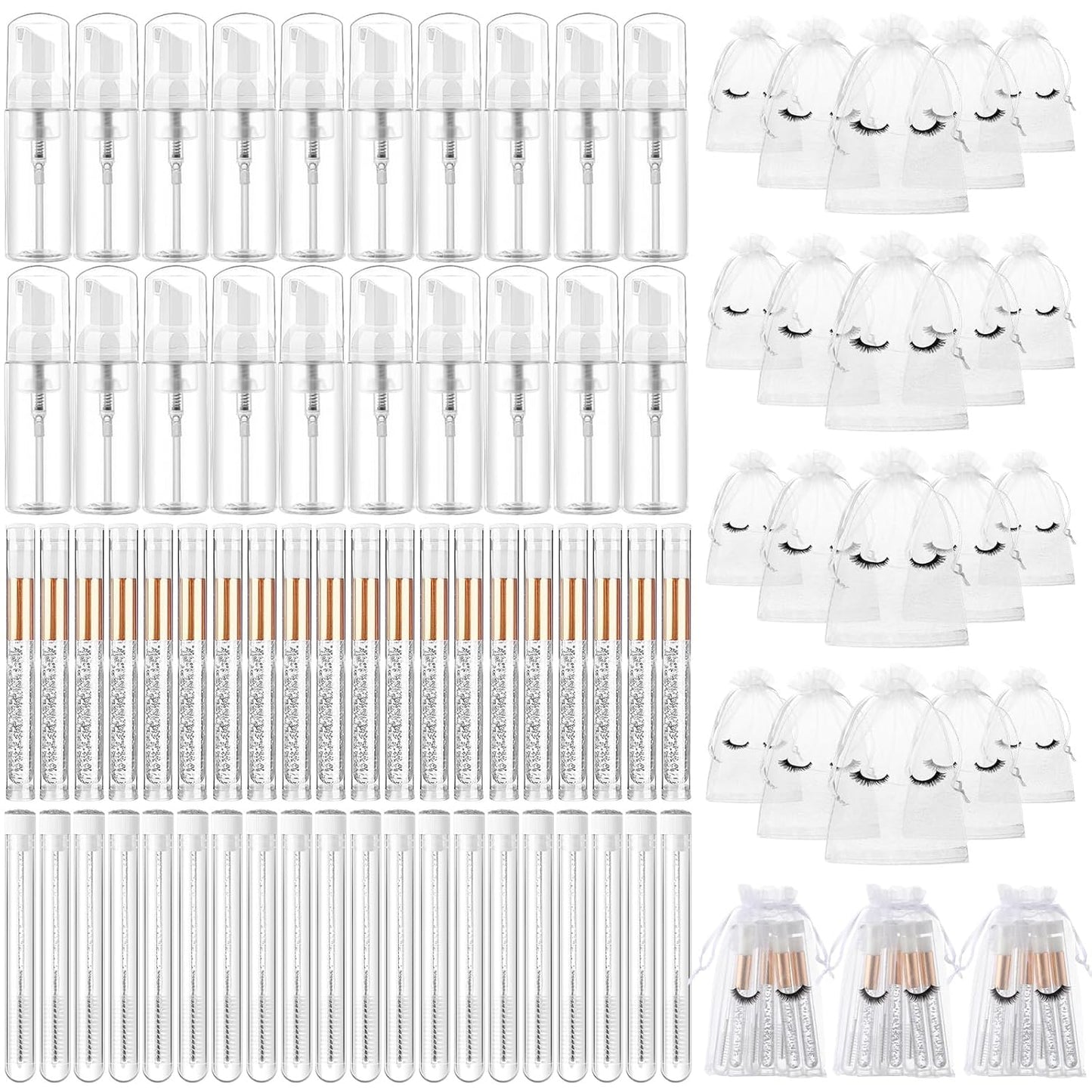 Zhehao 80 Pcs Lash Shampoo Bottle Brushes Kit 20 Foam Pump Dispensers 20 Lash Shampoo Brushes 20 Eyelash Aftercare Bag 20 Cleaning Pipes, Eyelash Extension Supplies(White, Sliver)-GlimoraGlow