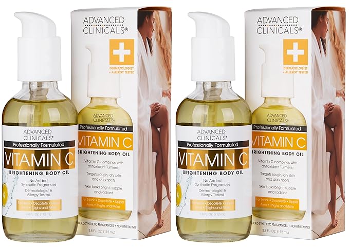 Advanced Clinicals Vitamin C illuminating Body Oil For Women & Men |Vitamin C Oil Skin Care Body Moisturizer With Vitamin E + Botanicals To Help Improve Appearance Of Dark Spots + Dry Skin, 2 Piece-GlimoraGlow