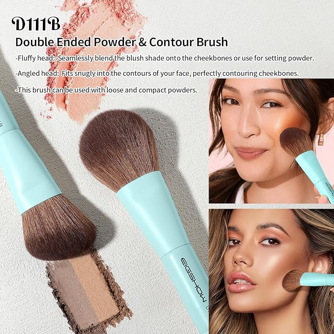 EIGSHOW Makeup Brush Set, 3Pcs Dual Ended Face Makeup Brushes for Foundation Powder Contour Highlight Concealer Nose Shadow, Travel Gift Set (Cyan)-GlimoraGlow