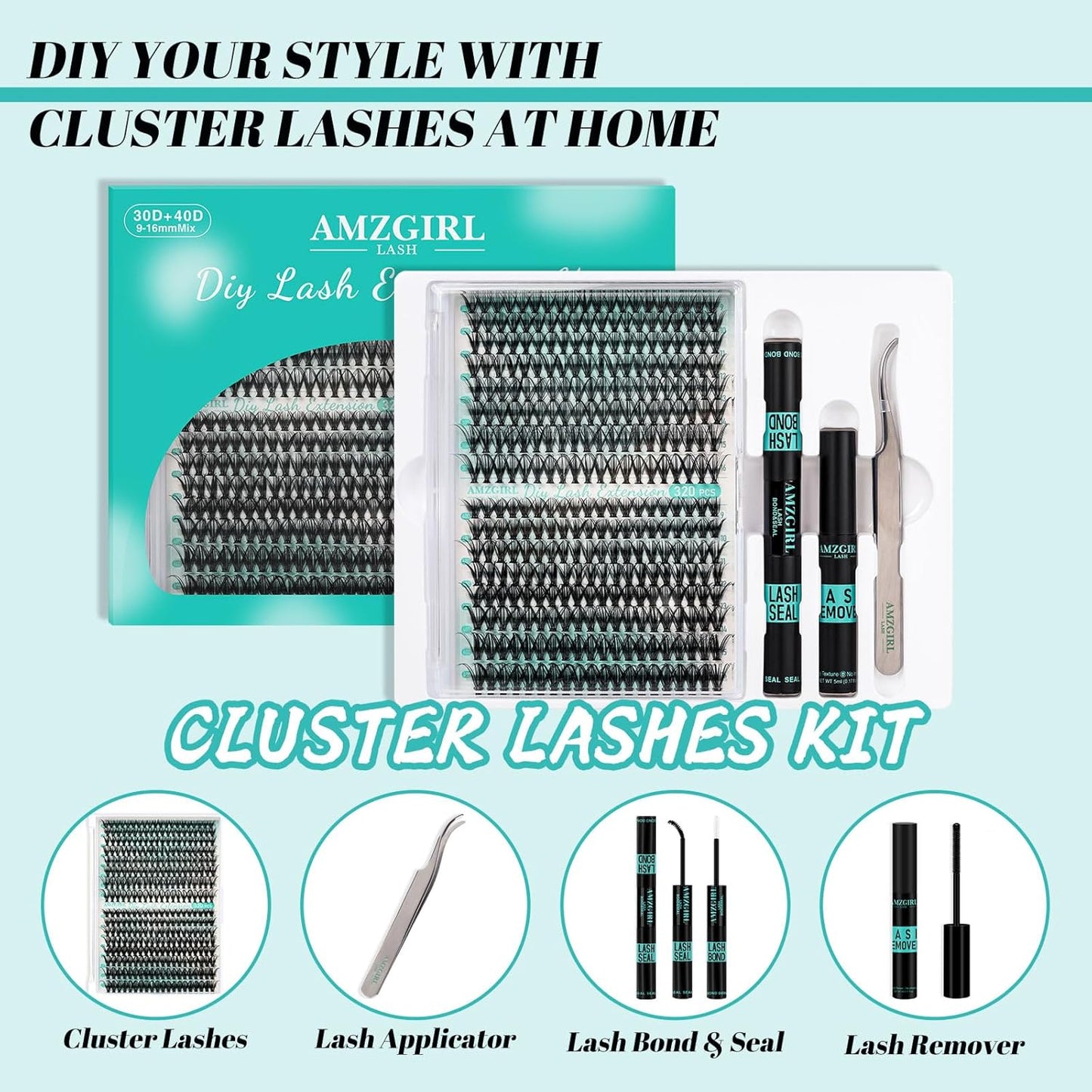 Lash Clusters Kit 320Pcs,DIY Individual Lashes Extension Kit,Lash Bond And Seal,Lash Remover For Eyelashes Extensions,Lash Applicator Tool For False Eyelash Cluster Kit At Home(3040D,D-Mix9-16mm Kit)-GlimoraGlow