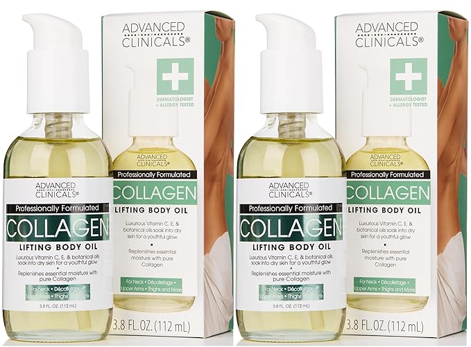 Advanced Clinicals Hydrating Collagen Oil For Body & After Shower | Visible Anti Aging Moisturizing Collagen Body Oil For Women & Men Helps Soften Appearance Of Crepe Skin & Wrinkles, 3.8 Fl Oz, 2pc-GlimoraGlow
