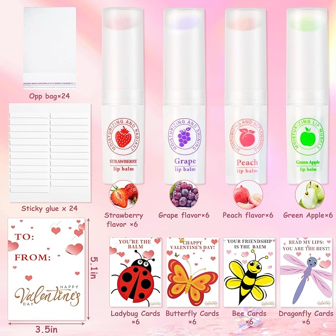 24 Pack Valentines Day Gifts for Kids lip balm bulk,chapstick bulk,party favors for kids boys girls,Natural Moisturizing Lip Balm for dry cracked lips,goody bag filler,Wedding Gifts-GlimoraGlow
