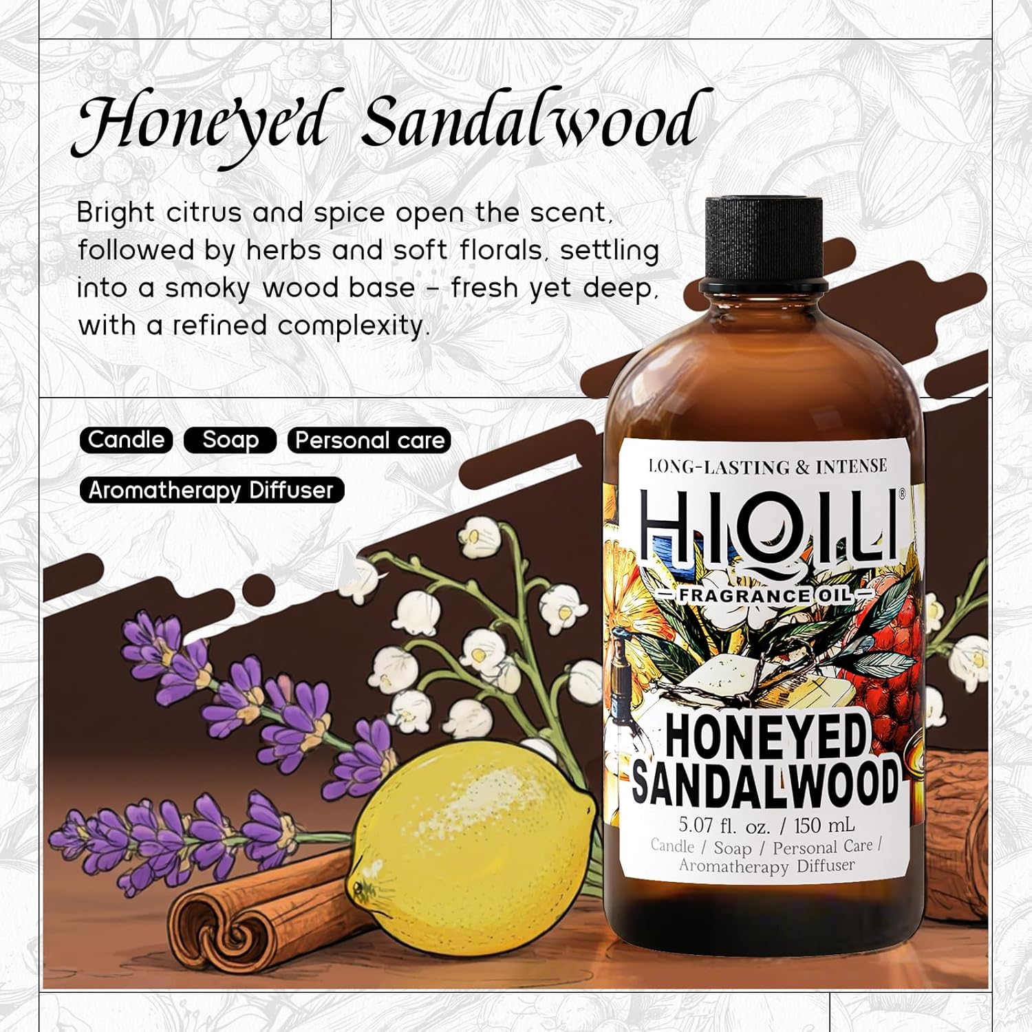 HIQILI Honeyed Sandalwood Fragrance Oil for Diffuser, Candle & Soap Making, Add to Dryer Balls, Lotion, Hotel Luxury Scents - 5.07 Fl Oz-GlimoraGlow