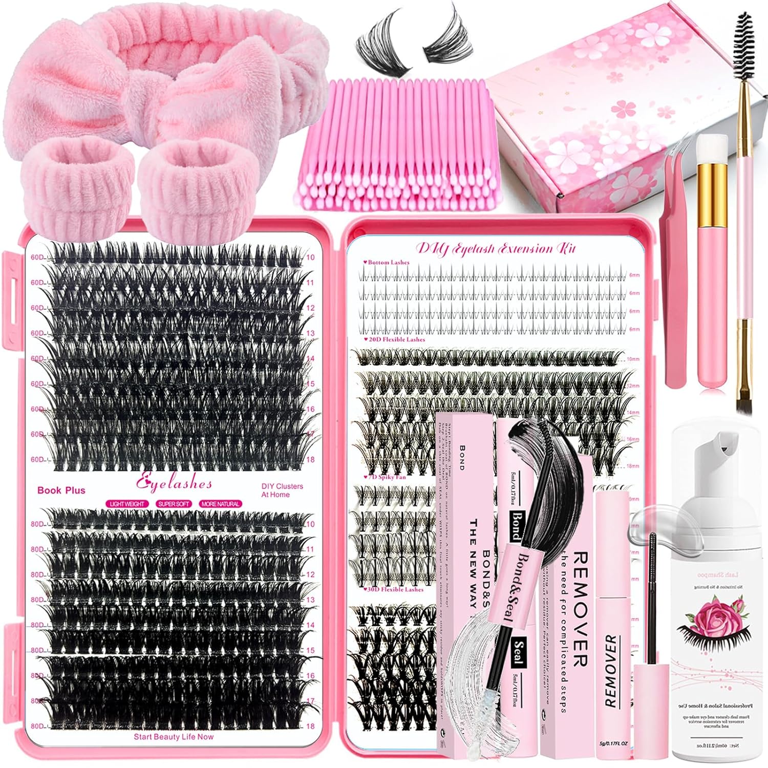 DIY Lash Extension Kit 727Pcs Lashes Clusters with Bottom Lashes Lash Bond and Seal Glue Remover Lash Shampoo Cleansing Brush Headband Wristband Tweezers Eyelash Brush Applicator-GlimoraGlow