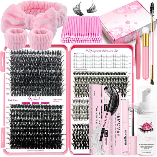 DIY Lash Extension Kit 727Pcs Lashes Clusters with Bottom Lashes Lash Bond and Seal Glue Remover Lash Shampoo Cleansing Brush Headband Wristband Tweezers Eyelash Brush Applicator-GlimoraGlow