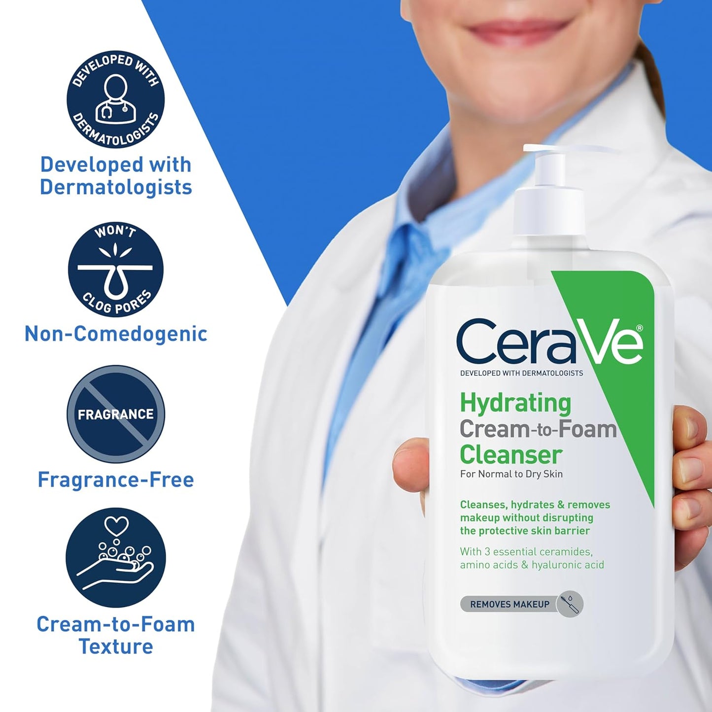 CeraVe Hydrating Cream To Foam Cleanser, Makeup Remover Face Wash For Dry Skin, Foaming Facial Cleanser With Hyaluronic Acid, Normal To Dry Skin, Fragrance Free & Non Comedogenic, 19 Fluid Ounce-GlimoraGlow