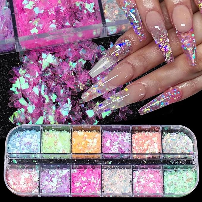 12 Colors Holographic Nail Art Glitter Sequins Iridescent Ice Slag Nail Glitter Laser Nail Art Flakes Colored Fluorescent Glass Paper Nail Sticker Decoration for Face Hand Body Make-Up DIY-GlimoraGlow